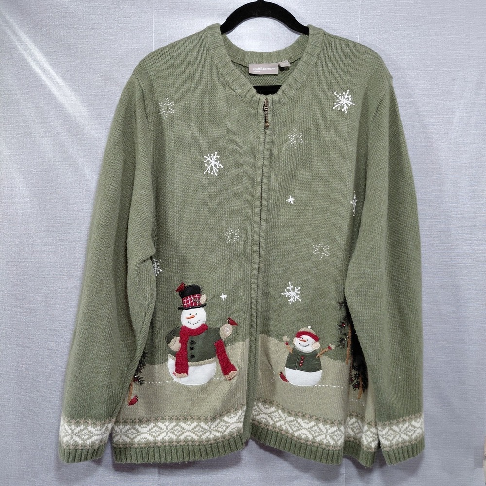 Croft & Barrow Woman 3X Knit Zip Front Embroidered Winter Snowman Sweater Green